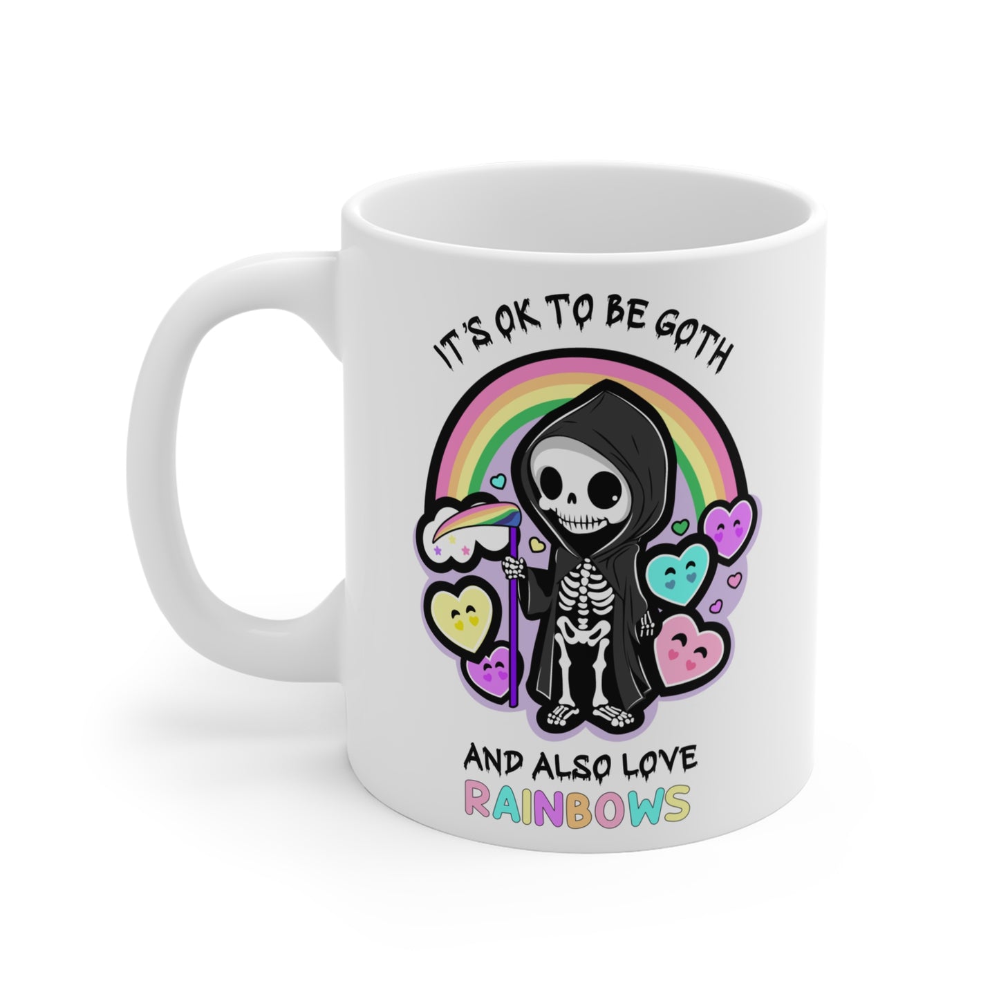 It’s ok to be goth and also love rainbows Mug, kawaii goth, pride