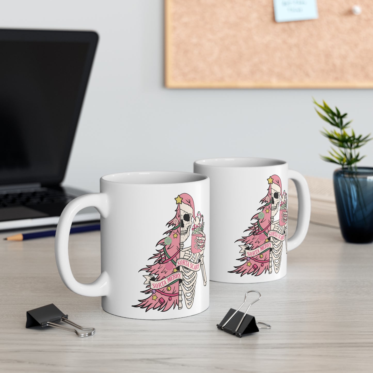 Sorta Merry Sorta Scary Christmas Mug, pink skeleton