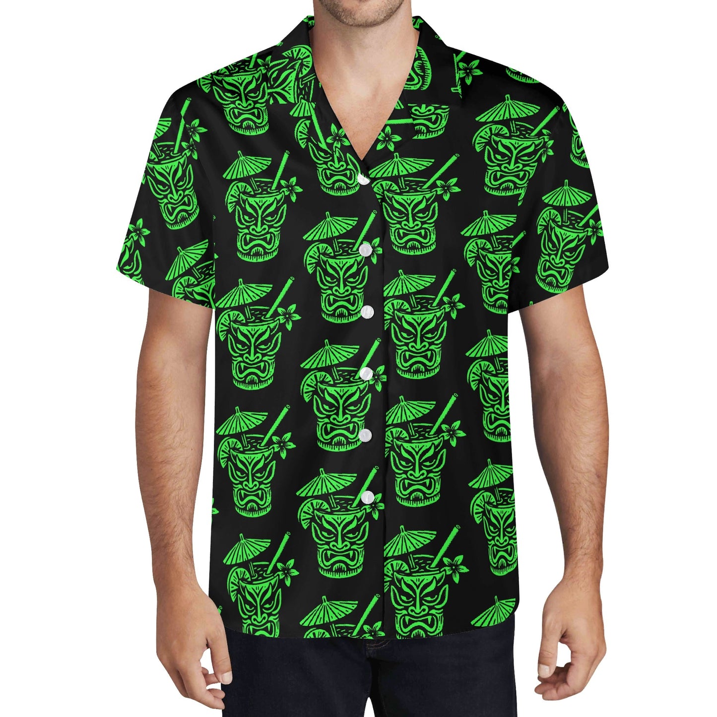 Demon Tiki Cocktail Hawaiian Shirt, Neon Green Spooky Summer Shirt