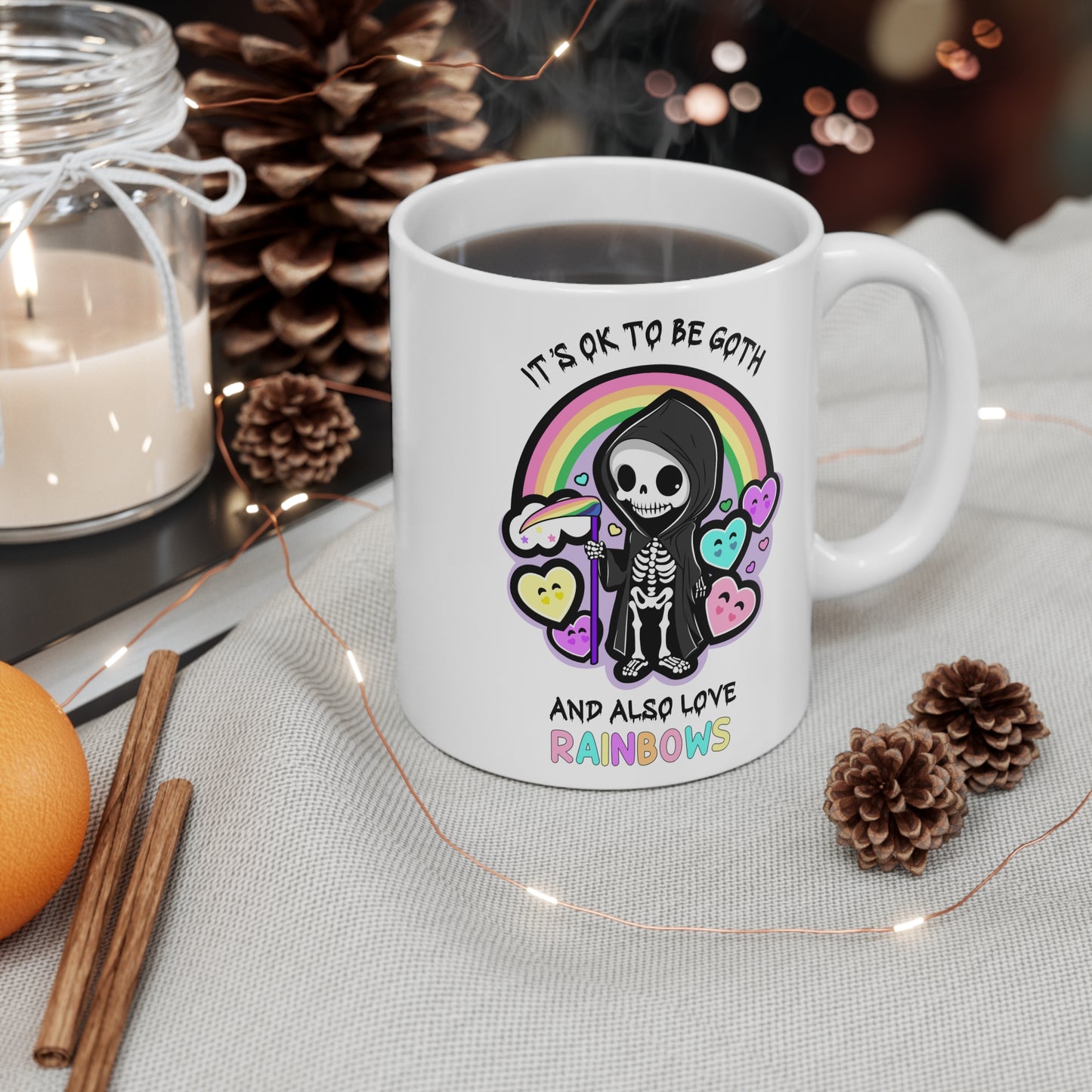 It’s ok to be goth and also love rainbows Mug, kawaii goth, pride