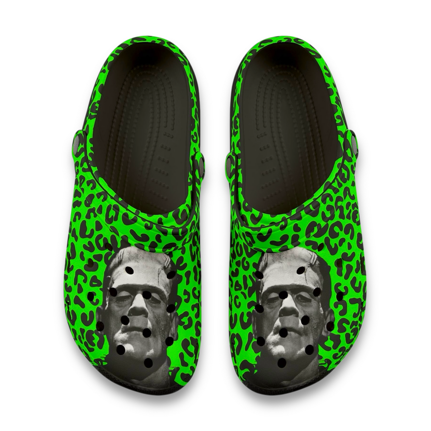 Frankenstein Leopard Print EVA Foam Clogs for Comfortable & Fun Footwear, Garden Shoes, Casual Slippers, Trendy Summer Footwear