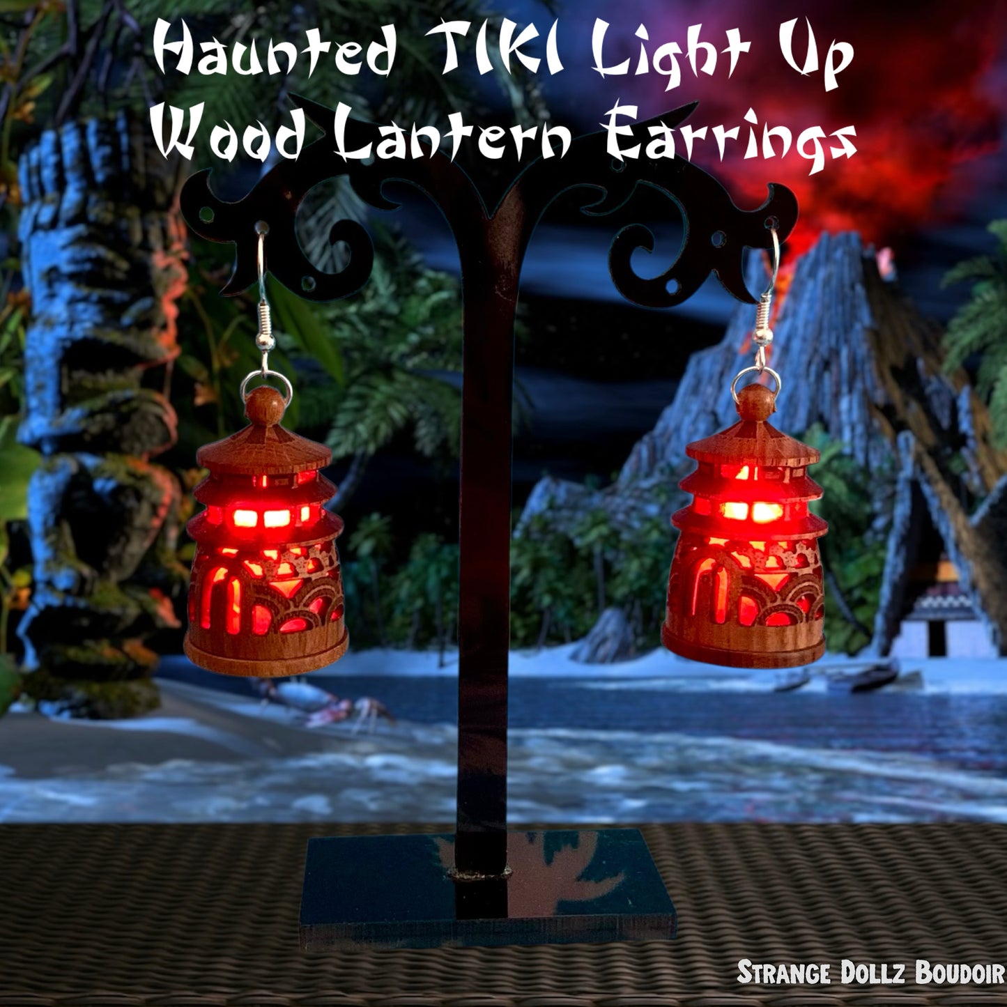 Haunted Tiki Wood Pagoda Light-Up Lantern Earrings (Large color choice)
