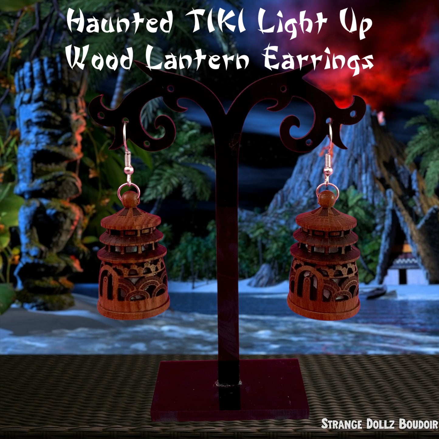 Haunted Tiki Wood Pagoda Light-Up Lantern Earrings (Large color choice)