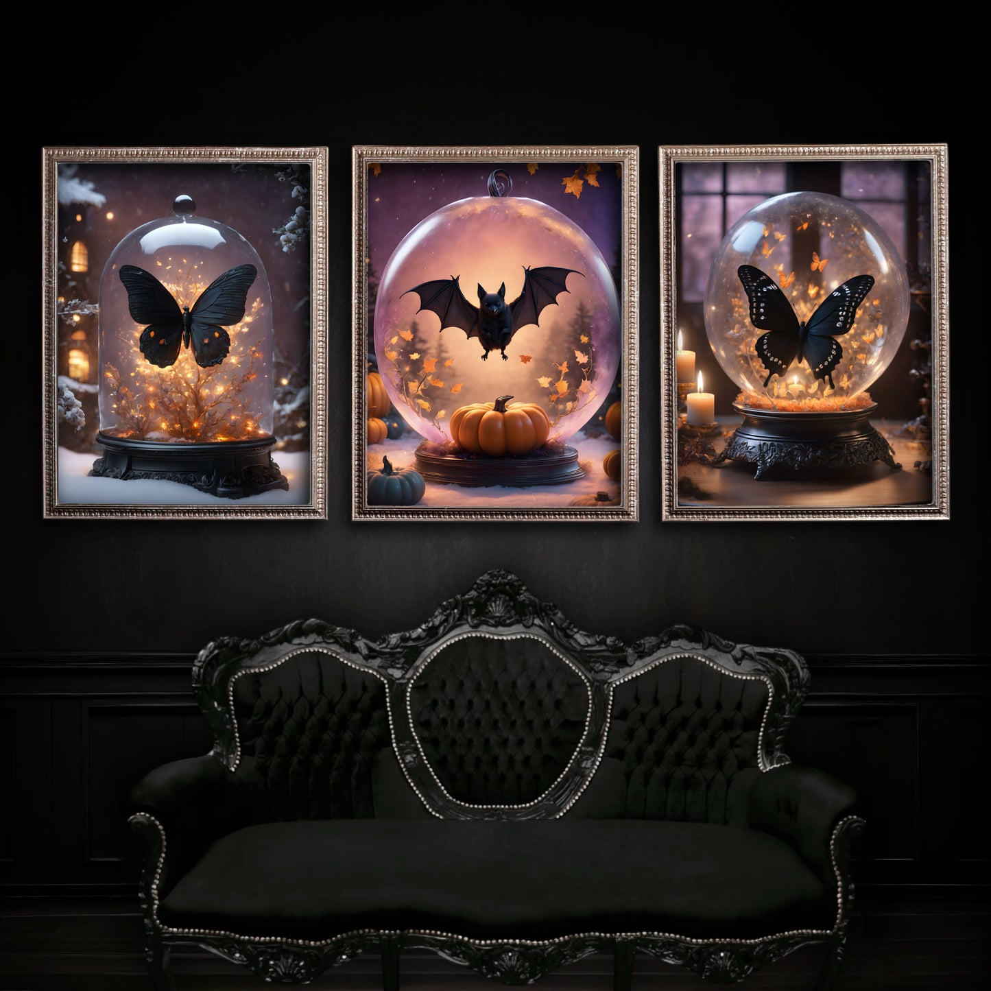 Bat and Pumpkins Fine Art Print, Dark Academia, Goth Wall Decor, Gothic Gallery Wall, Halloween Decor