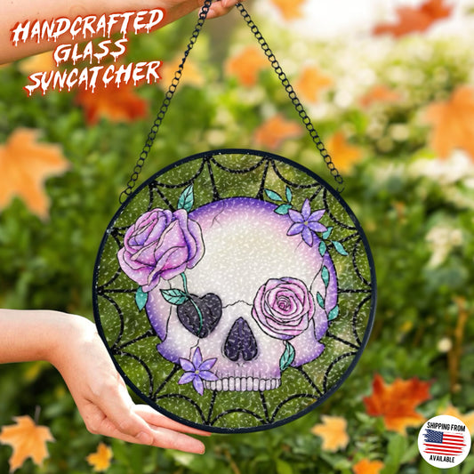 Pastel goth skull glass handcrafted suncatcher, Halloween
