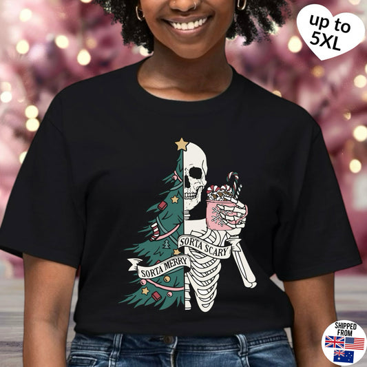 Sorta Merry Sorta Scary, Christmas T-shirt, up to 5XL, spooky skeleton