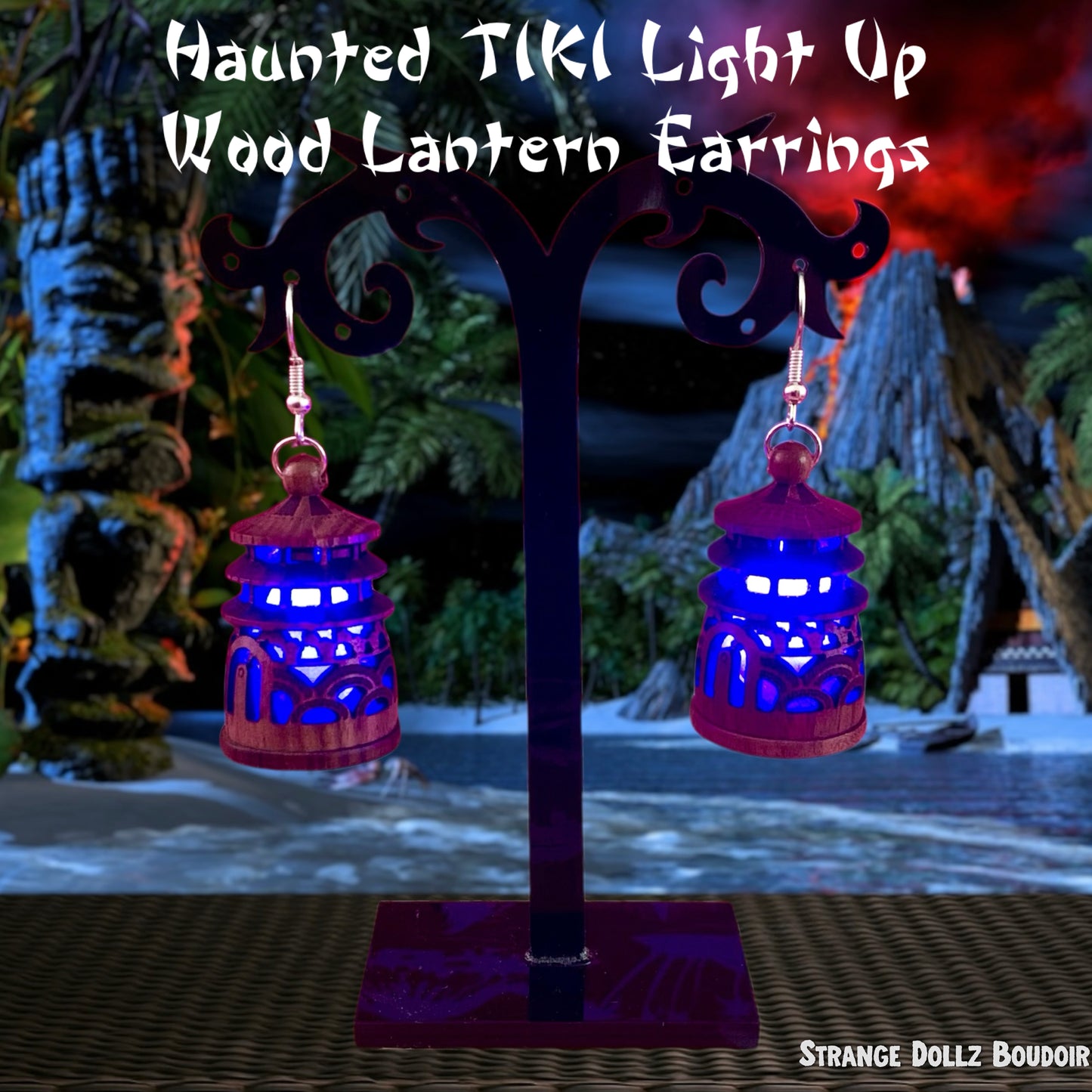 Haunted Tiki Wood Pagoda Light-Up Lantern Earrings (Large color choice)