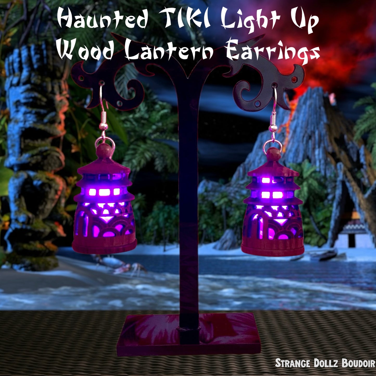 Haunted Tiki Wood Pagoda Light-Up Lantern Earrings (Large color choice)