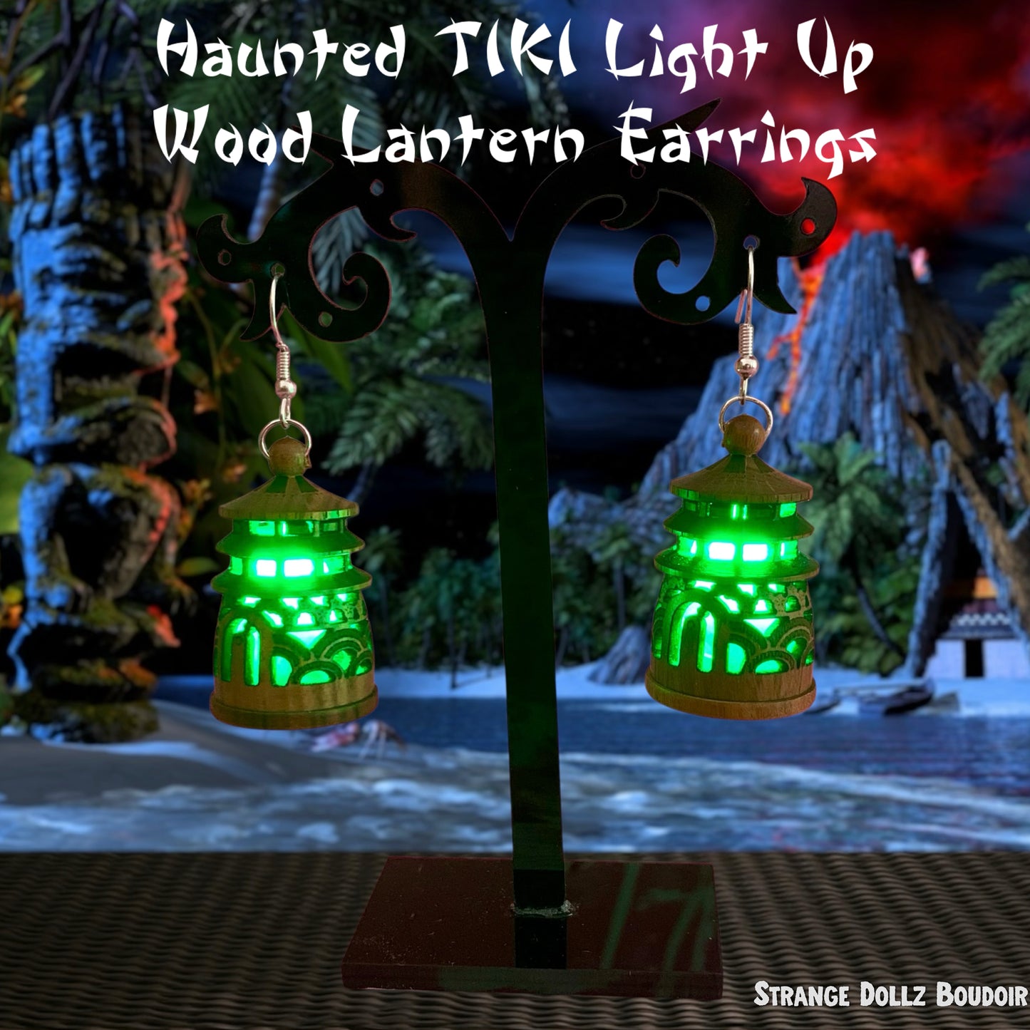 Haunted Tiki Wood Pagoda Light-Up Lantern Earrings (Large color choice)