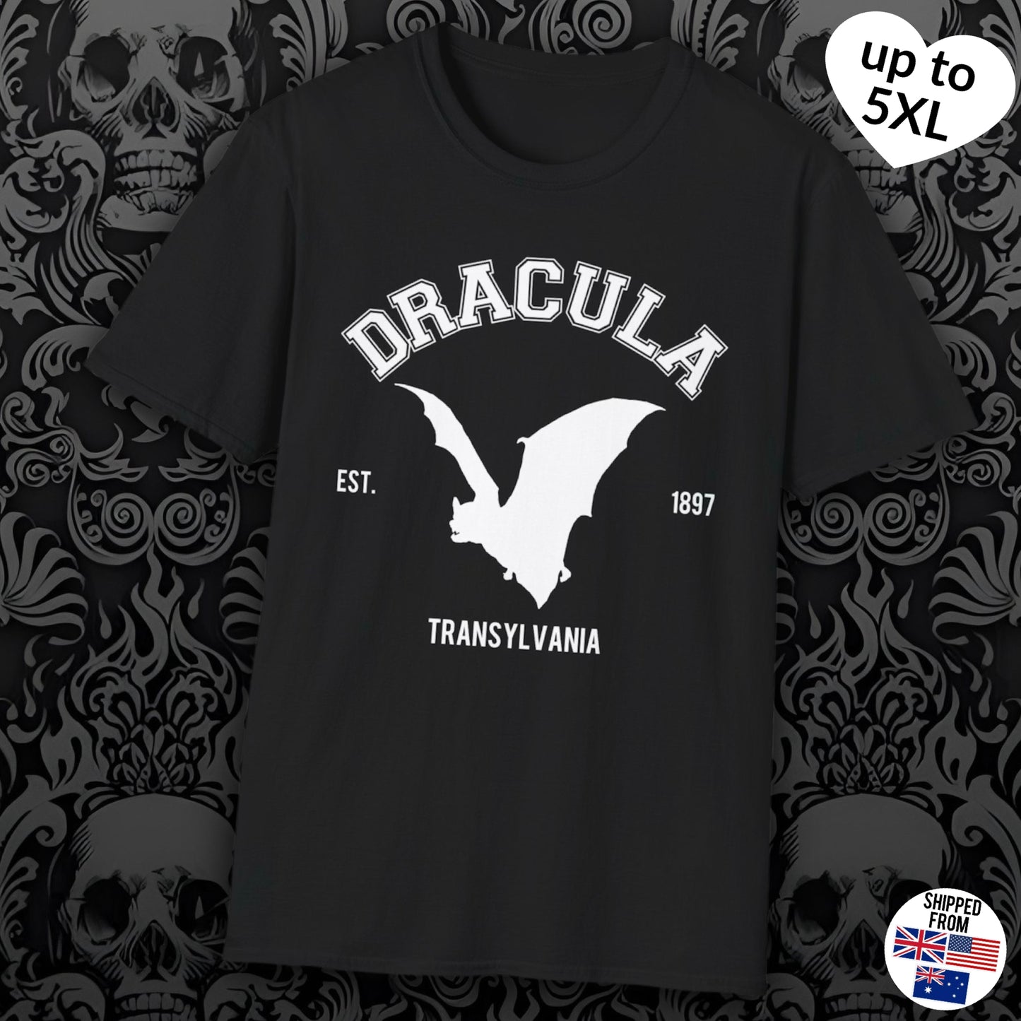 Dracula College T-shirt, up to 5XL, vampire, horror movies