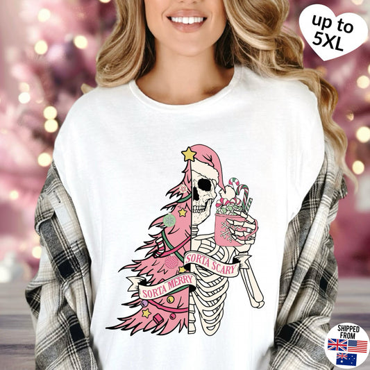 Sorta Merry Sorta Scary, pink Skeleton, Christmas T-shirt, up to 5XL