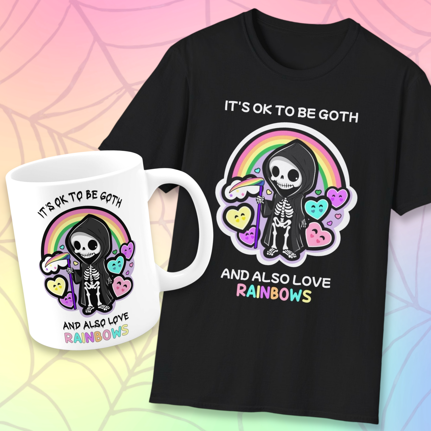 It’s ok to be goth and also love rainbows Mug, kawaii goth, pride