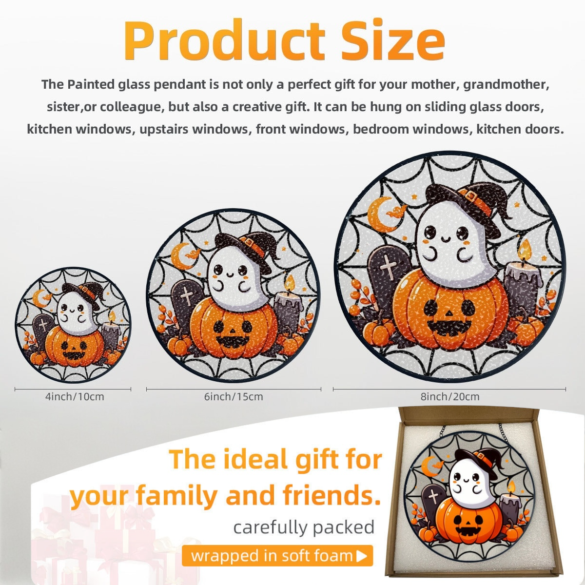 Cute ghost glass handcrafted suncatcher, Halloween, pumpkins