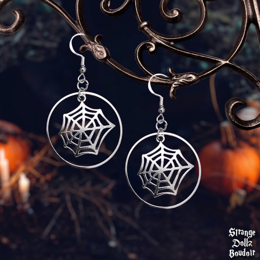 Spiderweb earrings, Halloween earrings, 925 sterling silver hooks, gothic jewellery, Strange Dollz Boudoir