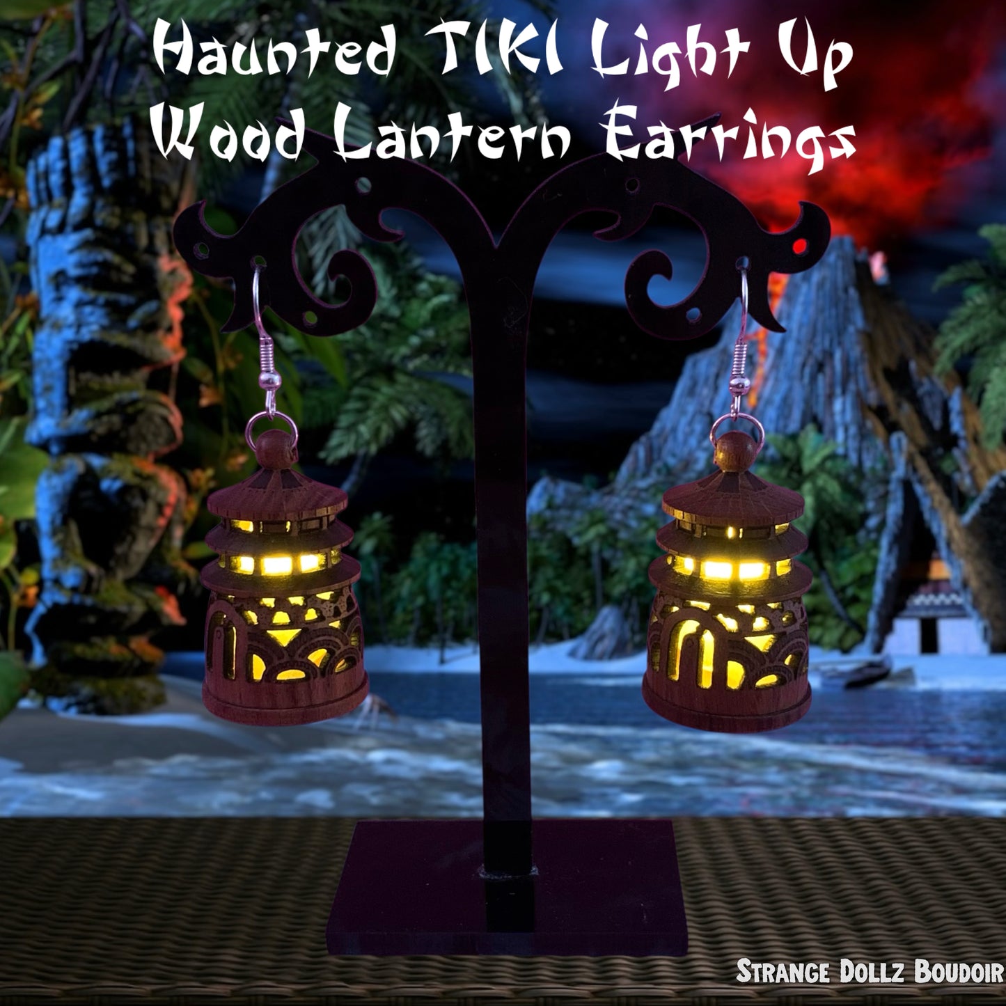 Haunted Tiki Wood Pagoda Light-Up Lantern Earrings (Large color choice)