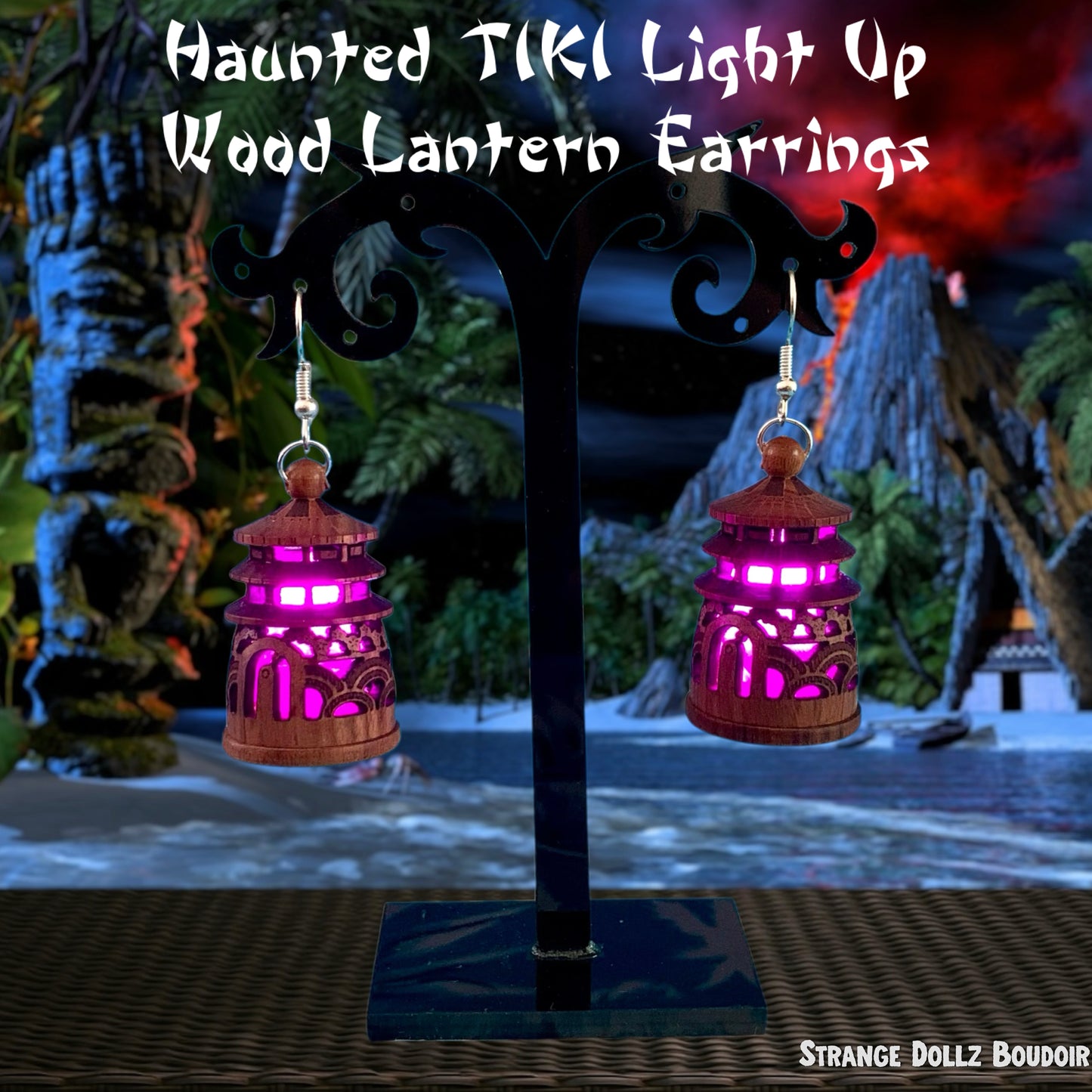 Haunted Tiki Wood Pagoda Light-Up Lantern Earrings (Large color choice)