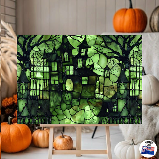 Spooky mansion stained glass effect Premium Matte Paper Poster, Halloween