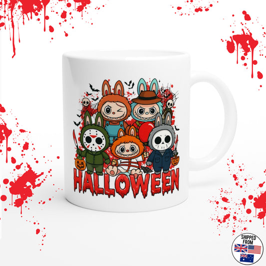 Spooky Labubu Horror Movies White Ceramic Mug, Halloween