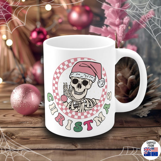 Pink Skeleton Christmas Mug, spooky cute