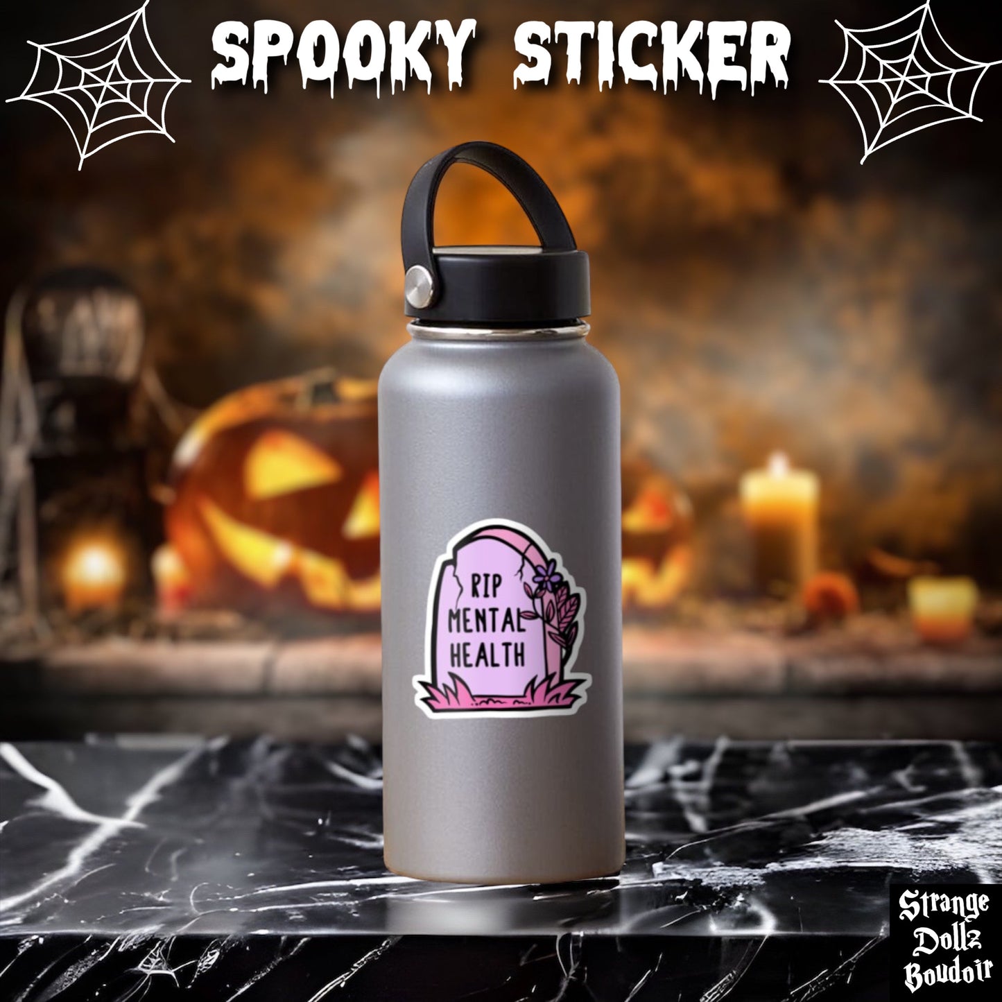 RIP Mental Health, Pastel Goth Spooky Sticker, Gothic stationery, Halloween, Strange Dollz Boudoir