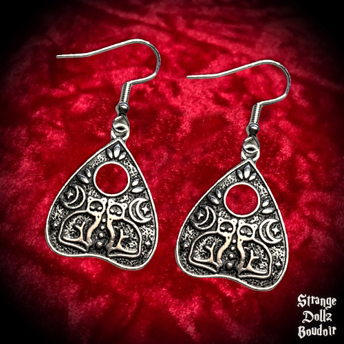 Ouija Planchette Moon Cats Earrings, 925 Sterling Silver, Witchy Gothic, Strange Dollz Boudoir