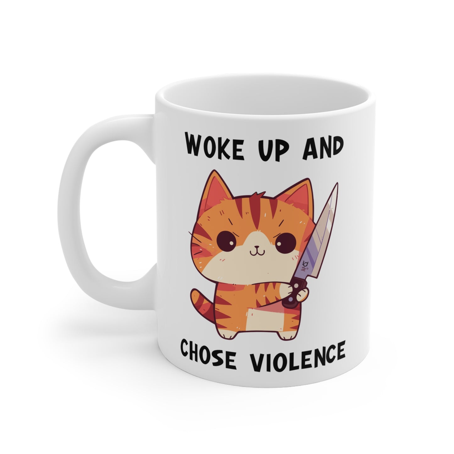 Woke up and chose violence Mug, cute cat with knife