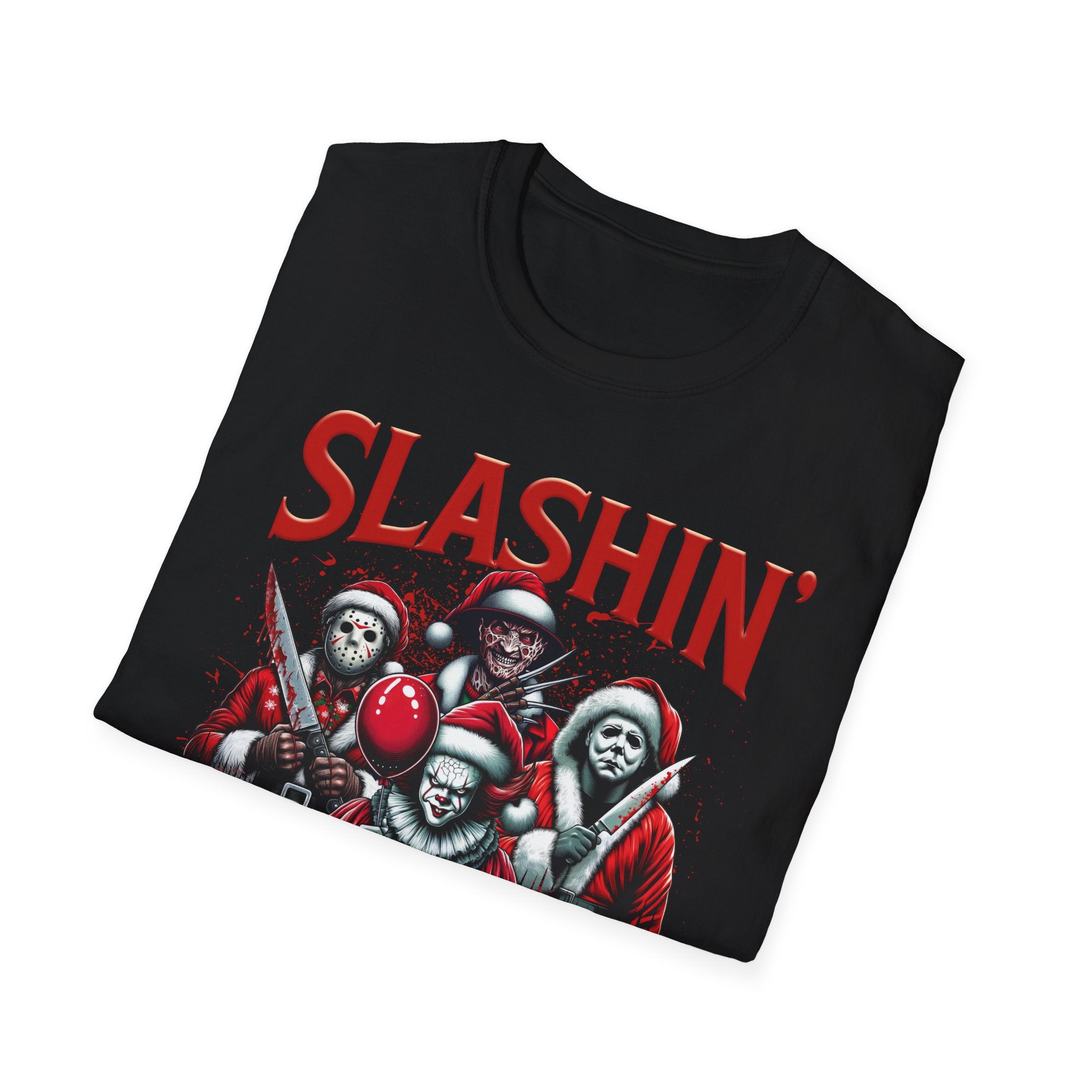 Slashing through the snow, Christmas Softstyle T-Shirt, up to 5XL, Horror Movie, Ugly Christmas Jumper