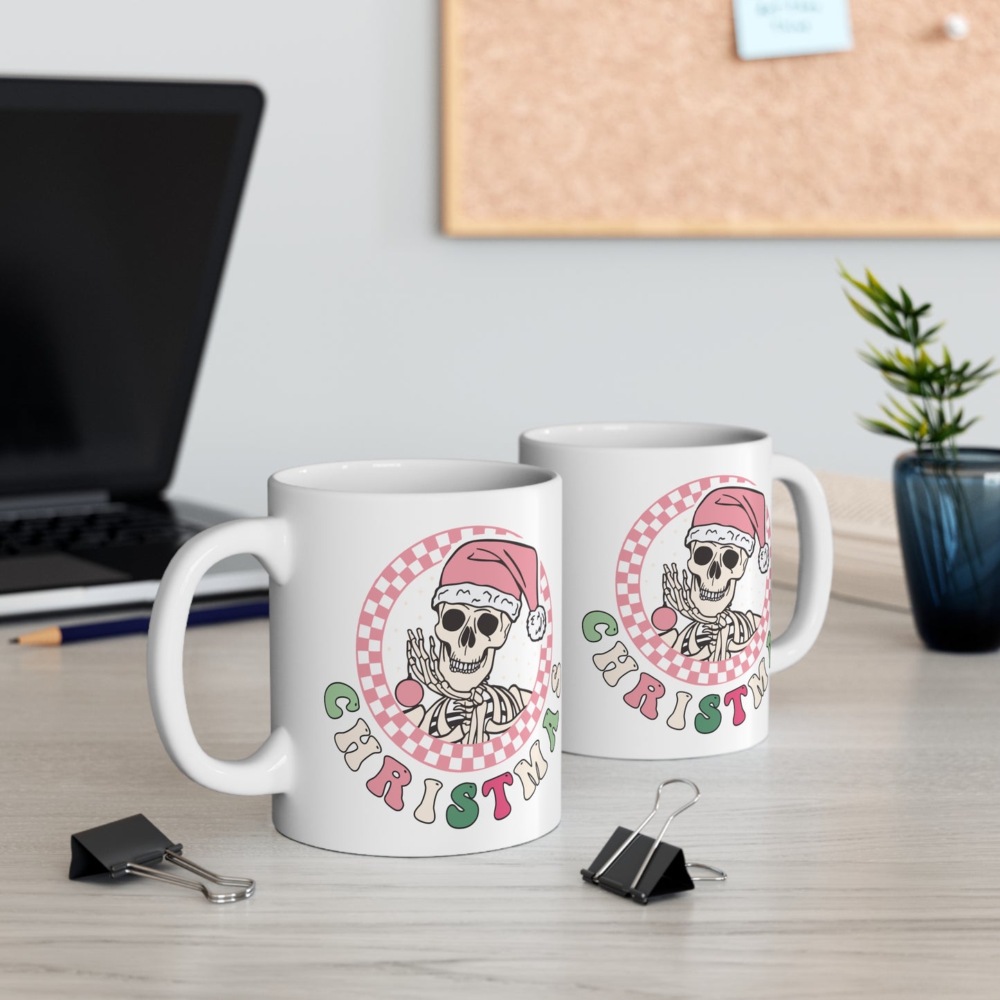 Pink Skeleton Christmas Mug, spooky cute