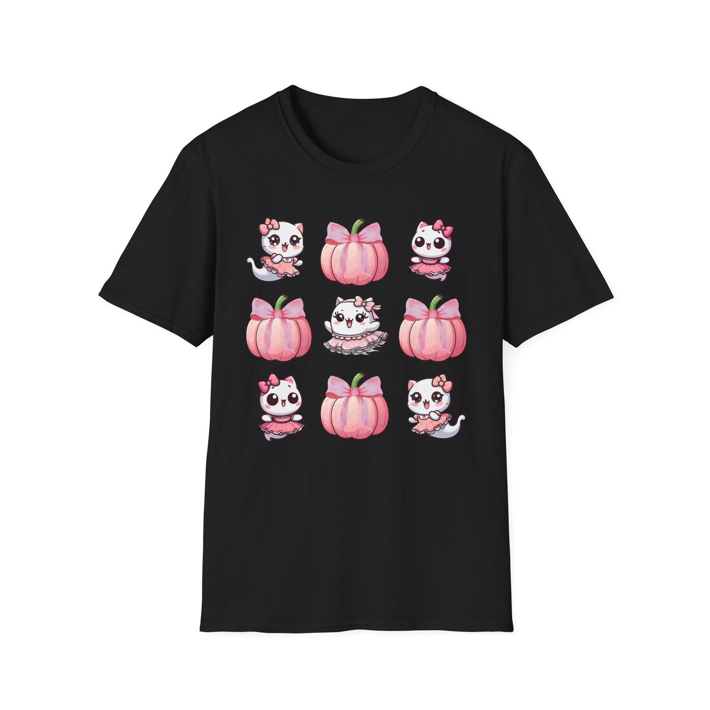 Cute coquette ghost kitty T-shirt, up to 5XL, spooky kawaii, pink pumpkins