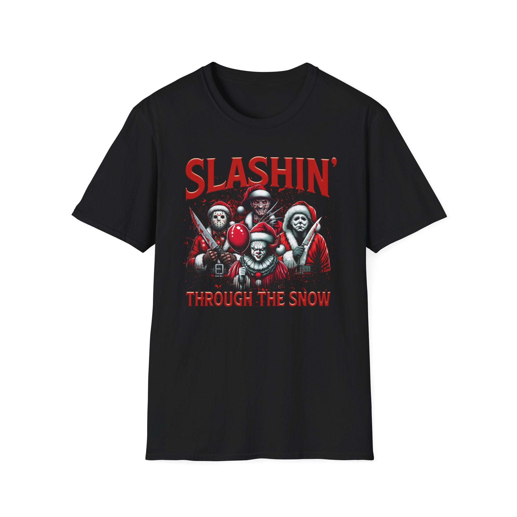 Slashing through the snow, Christmas Softstyle T-Shirt, up to 5XL, Horror Movie, Ugly Christmas Jumper