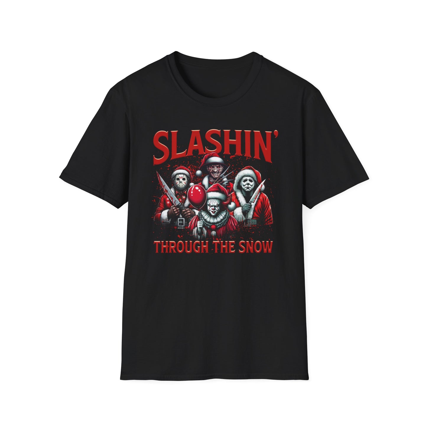 Slashing through the snow, Christmas Softstyle T-Shirt, Horror Movie, Ugly Christmas Jumper