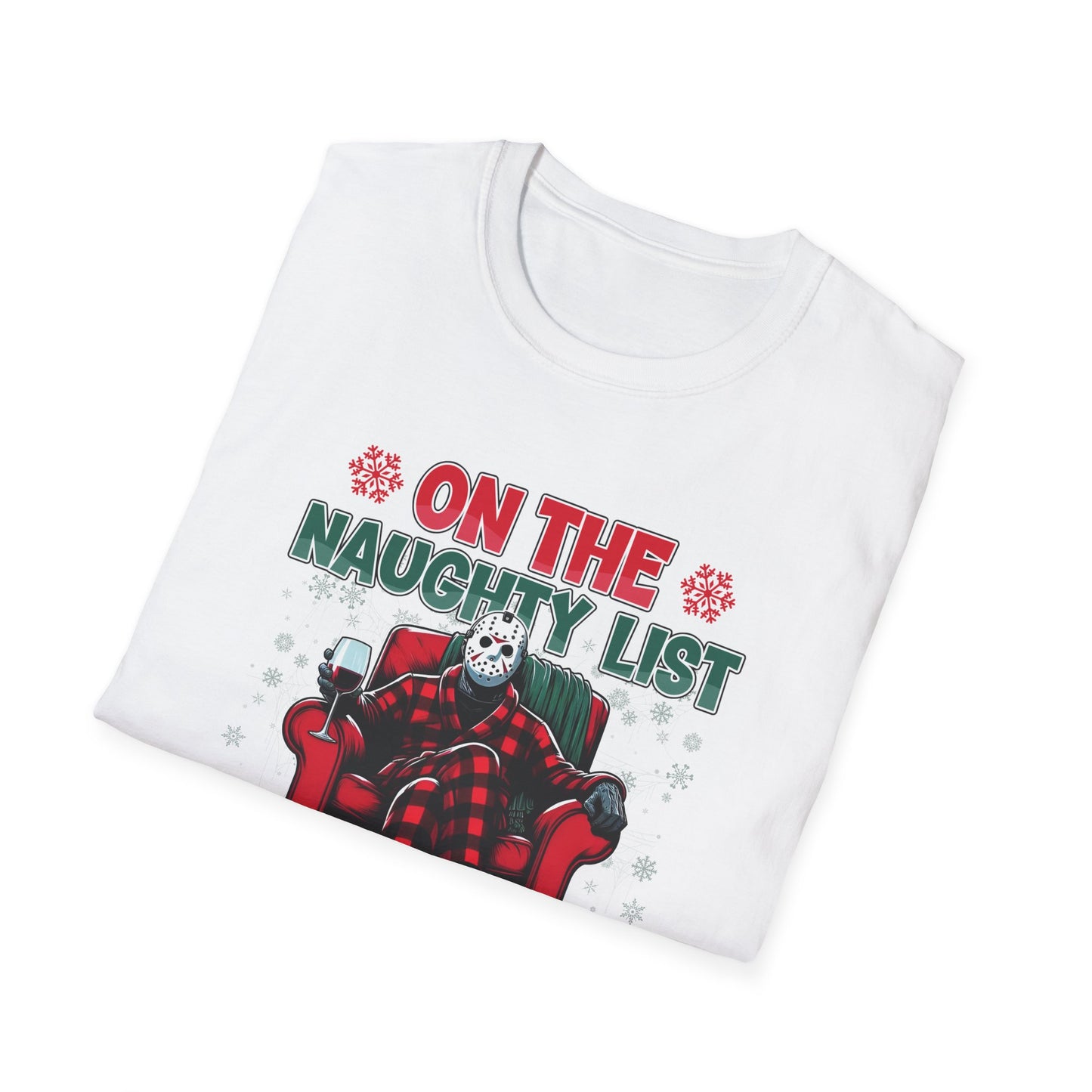 On the Naughty List, Christmas Softstyle T-Shirt, Jason Voorhees, Horror Movie, Ugly Christmas Jumper