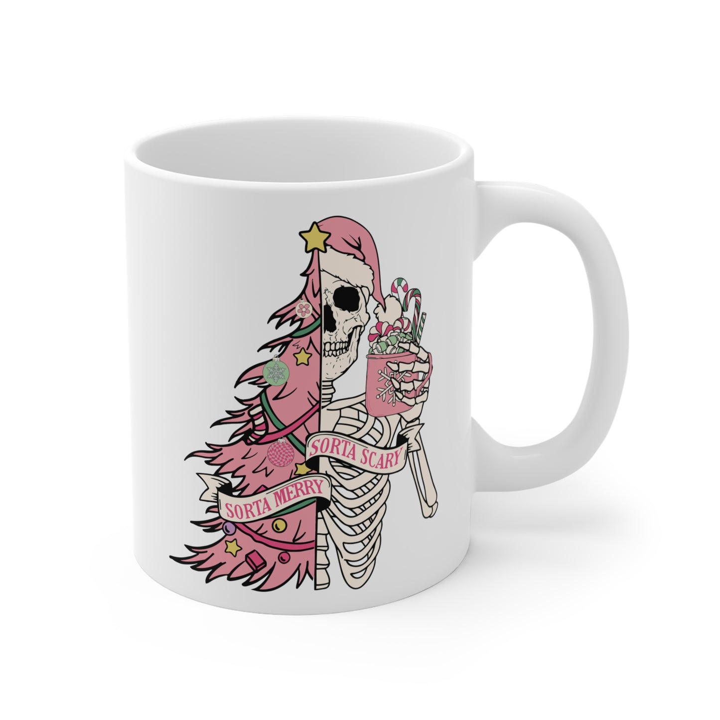 Sorta Merry Sorta Scary Christmas Mug, pink skeleton