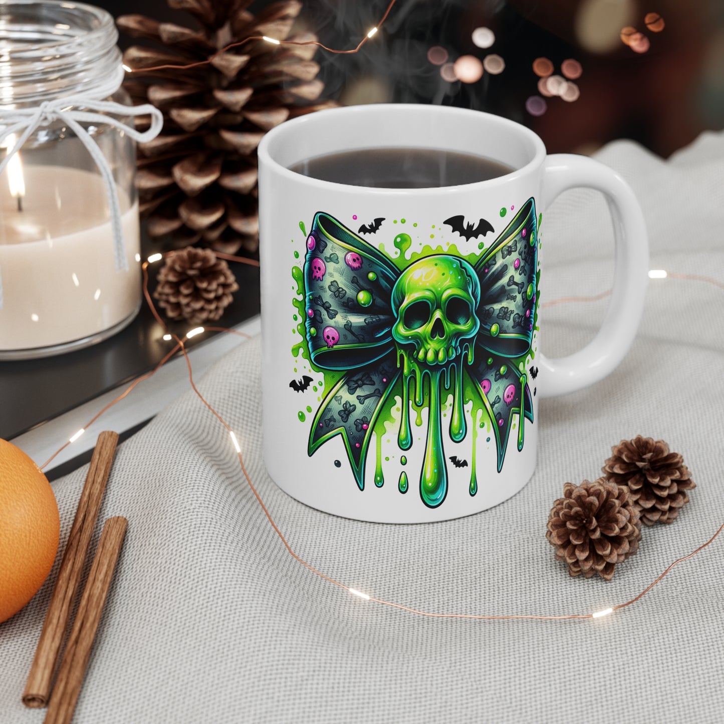 Coquette Neon Skull Bow, Halloween Mug