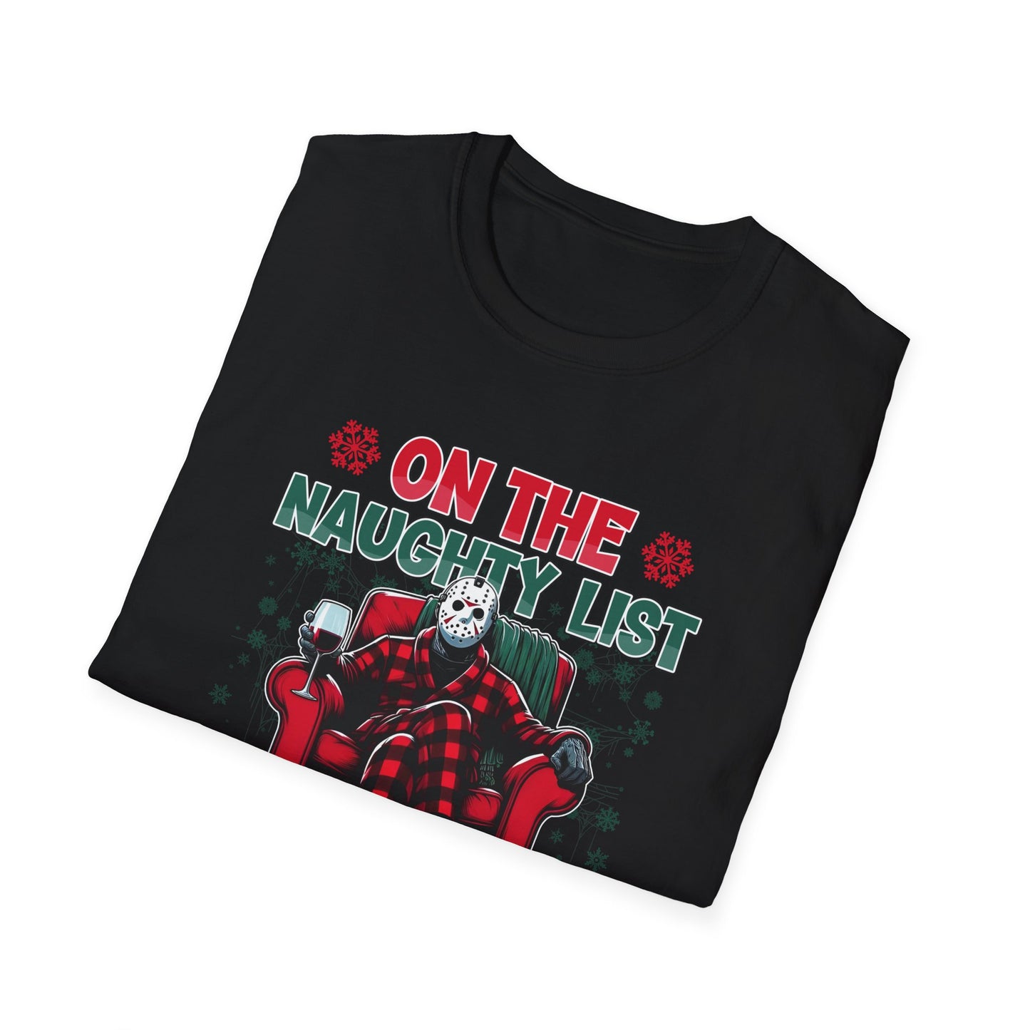 On the Naughty List, Christmas Softstyle T-Shirt, Jason Voorhees, Horror Movie, Ugly Christmas Jumper