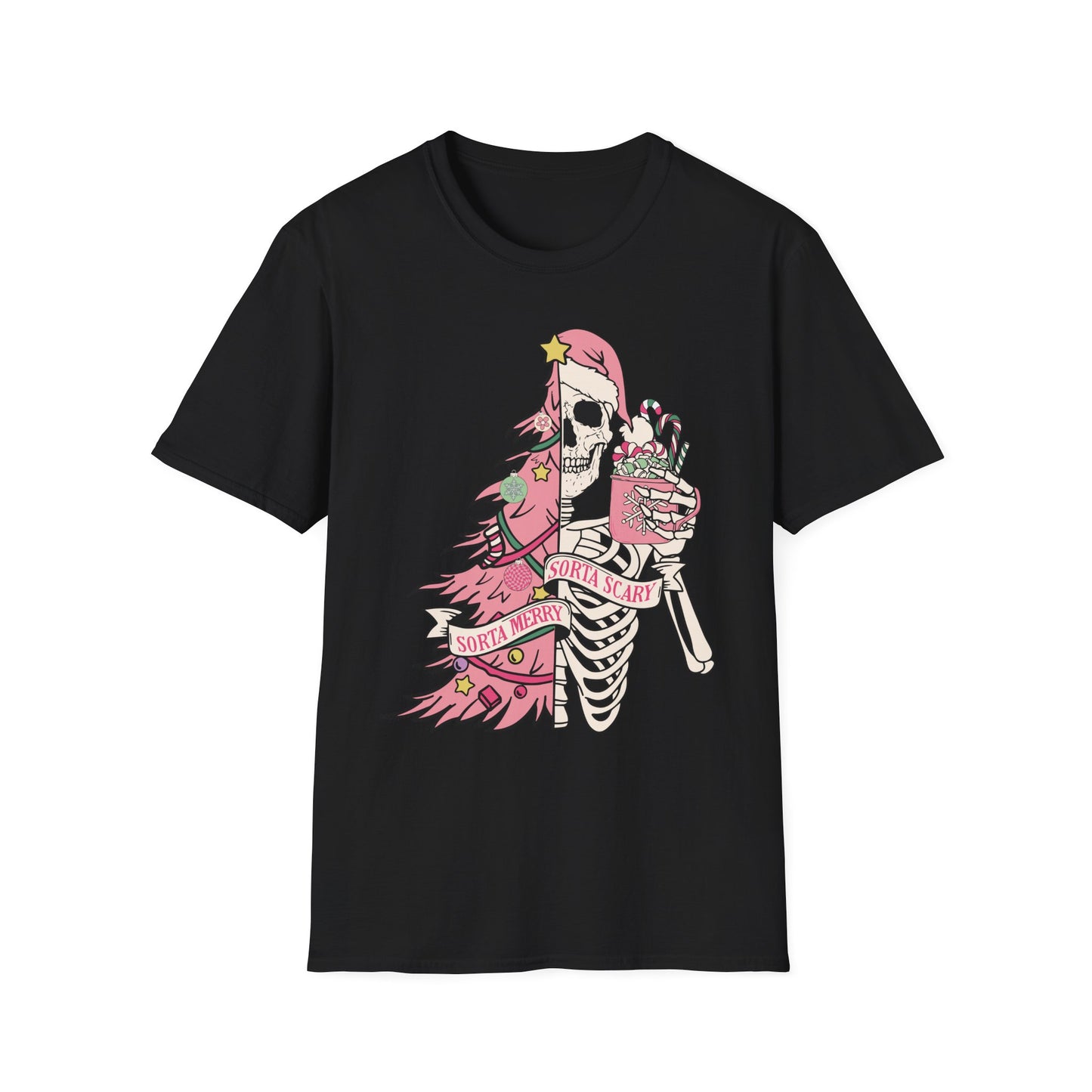 Sorta Merry Sorta Scary, pink Skeleton, Christmas T-shirt, up to 5XL