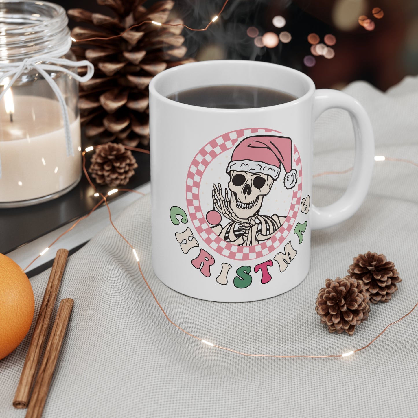 Pink Skeleton Christmas Mug, spooky cute