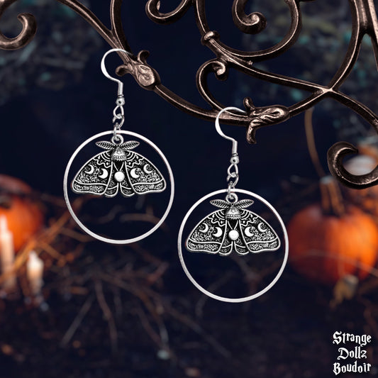 Lunar moth earrings, 925 sterling silver hooks, Strange Dollz Boudoir