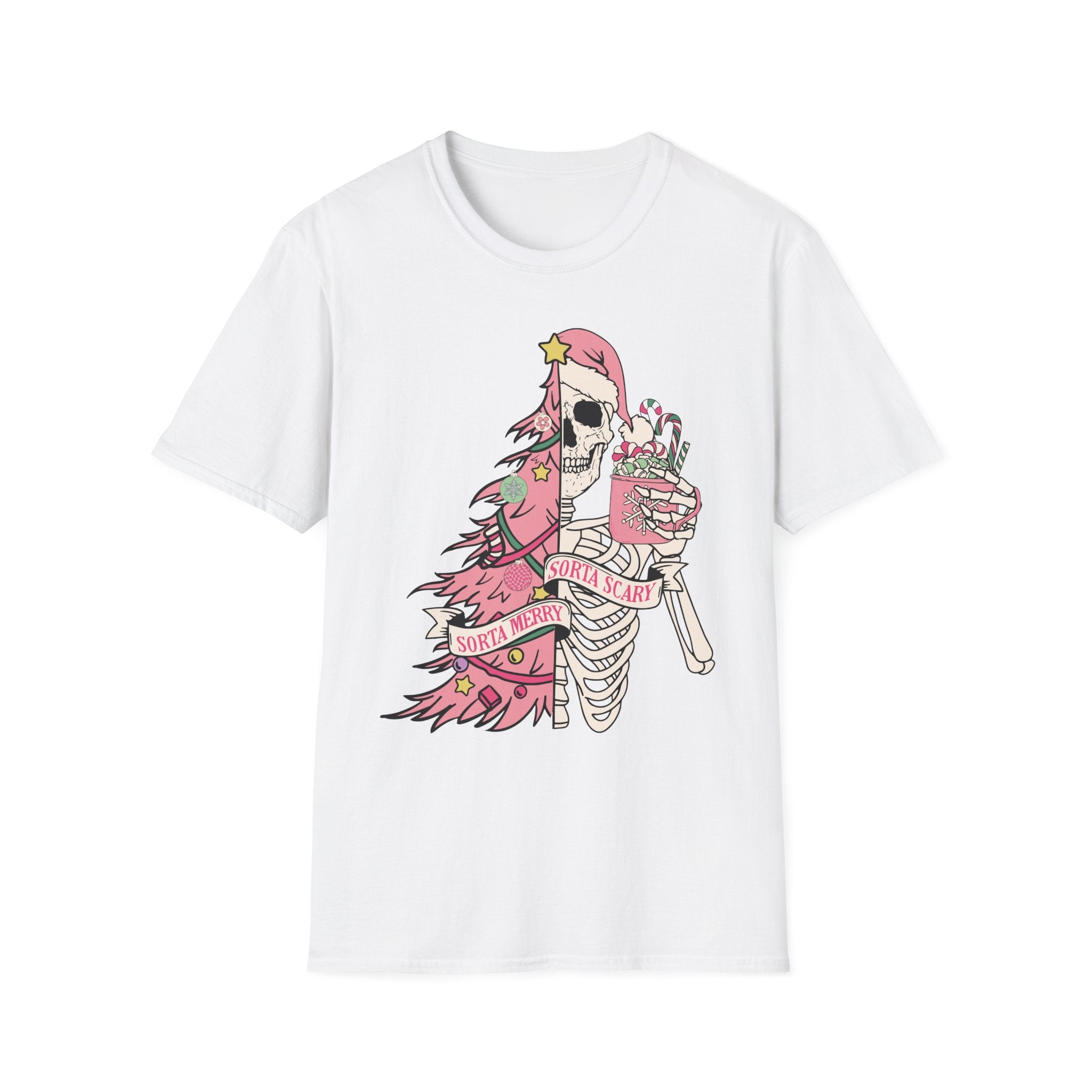 Sorta Merry Sorta Scary, pink Skeleton, Christmas T-shirt, up to 5XL