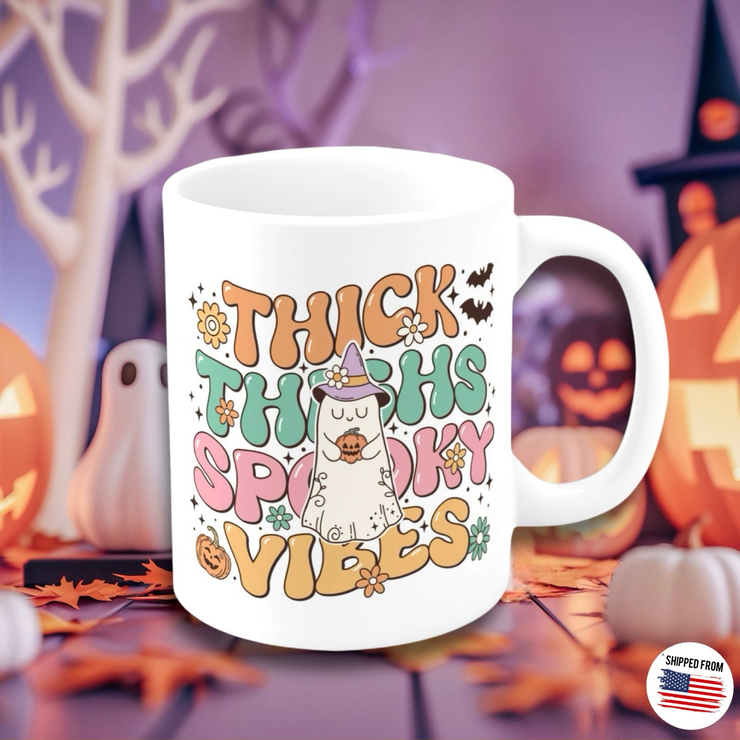 Thick Thighs and Spooky Vibes Mug, Halloween, kawaii