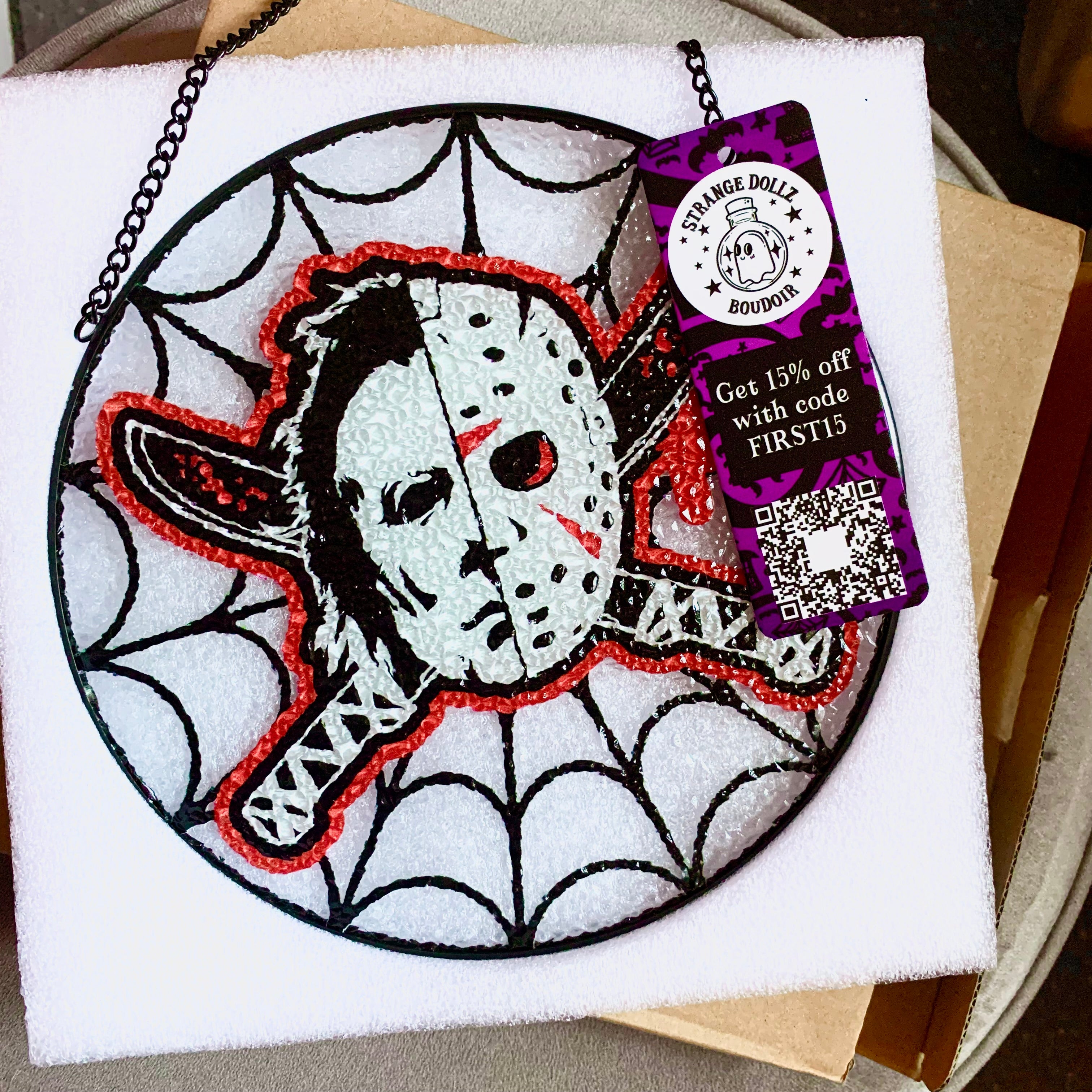 Horror movies glass handcrafted suncatcher, Halloween, Jason Voorhees, Michael Myers