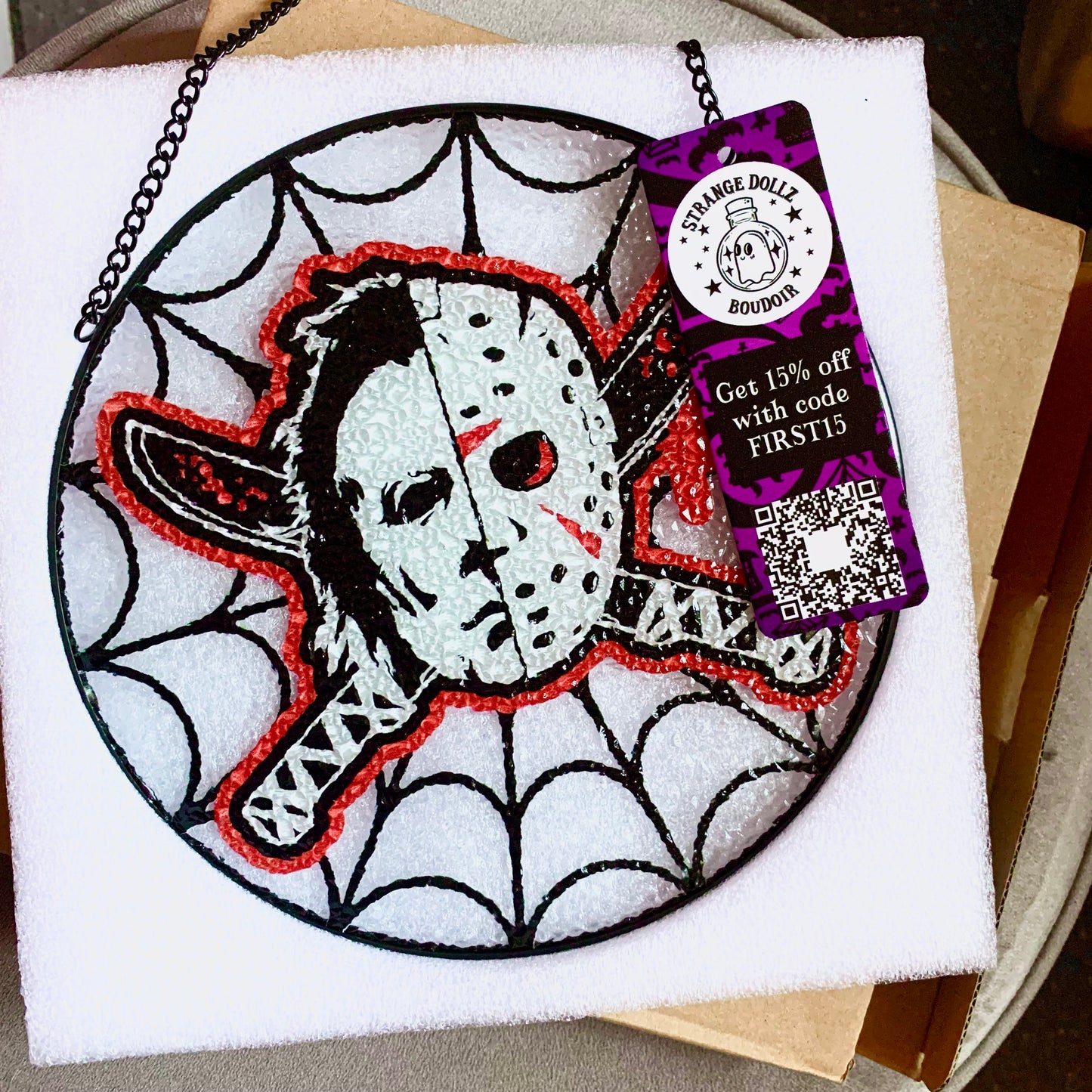 Horror movies glass handcrafted suncatcher, Halloween, Jason Voorhees, Michael Myers