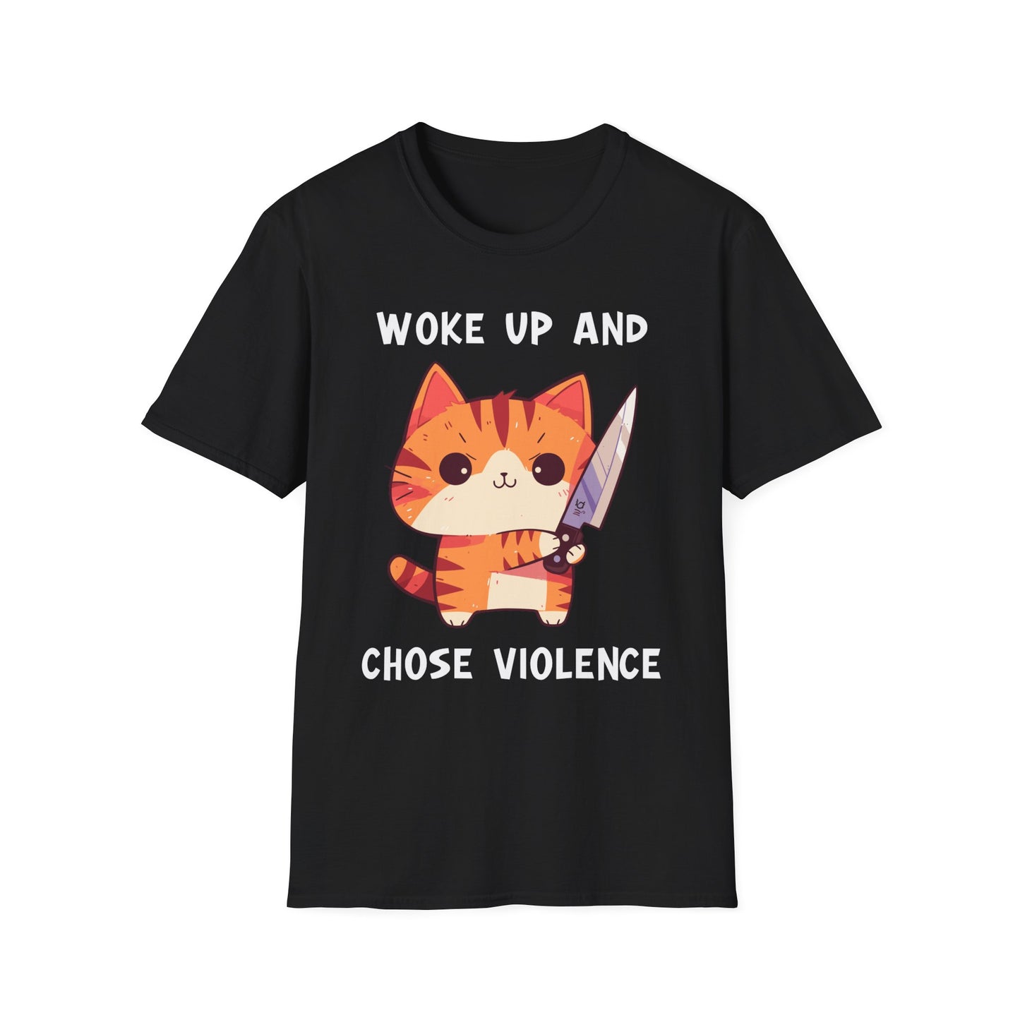 Woke up and chose violence T-shirt, up to 5XL, cute cat with knife