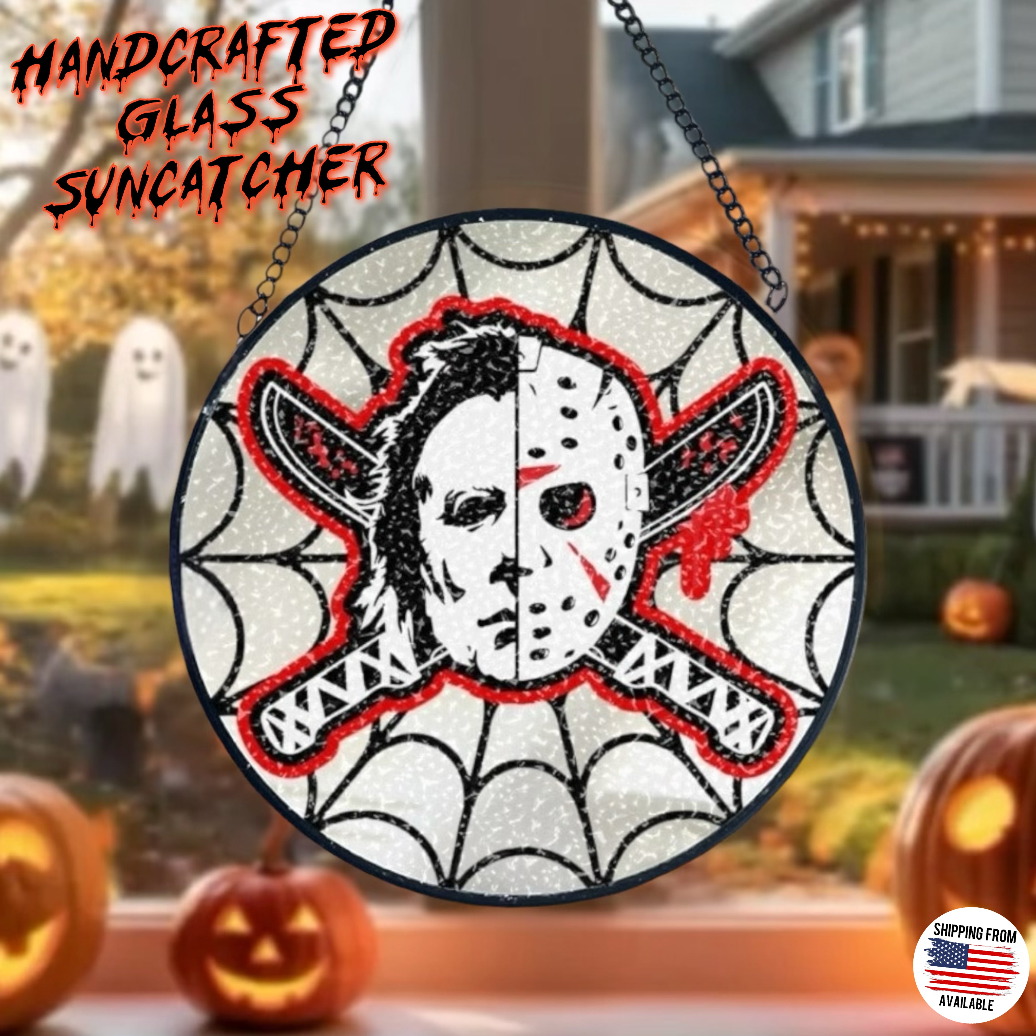 Horror movies glass handcrafted suncatcher, Halloween, Jason Voorhees, Michael Myers