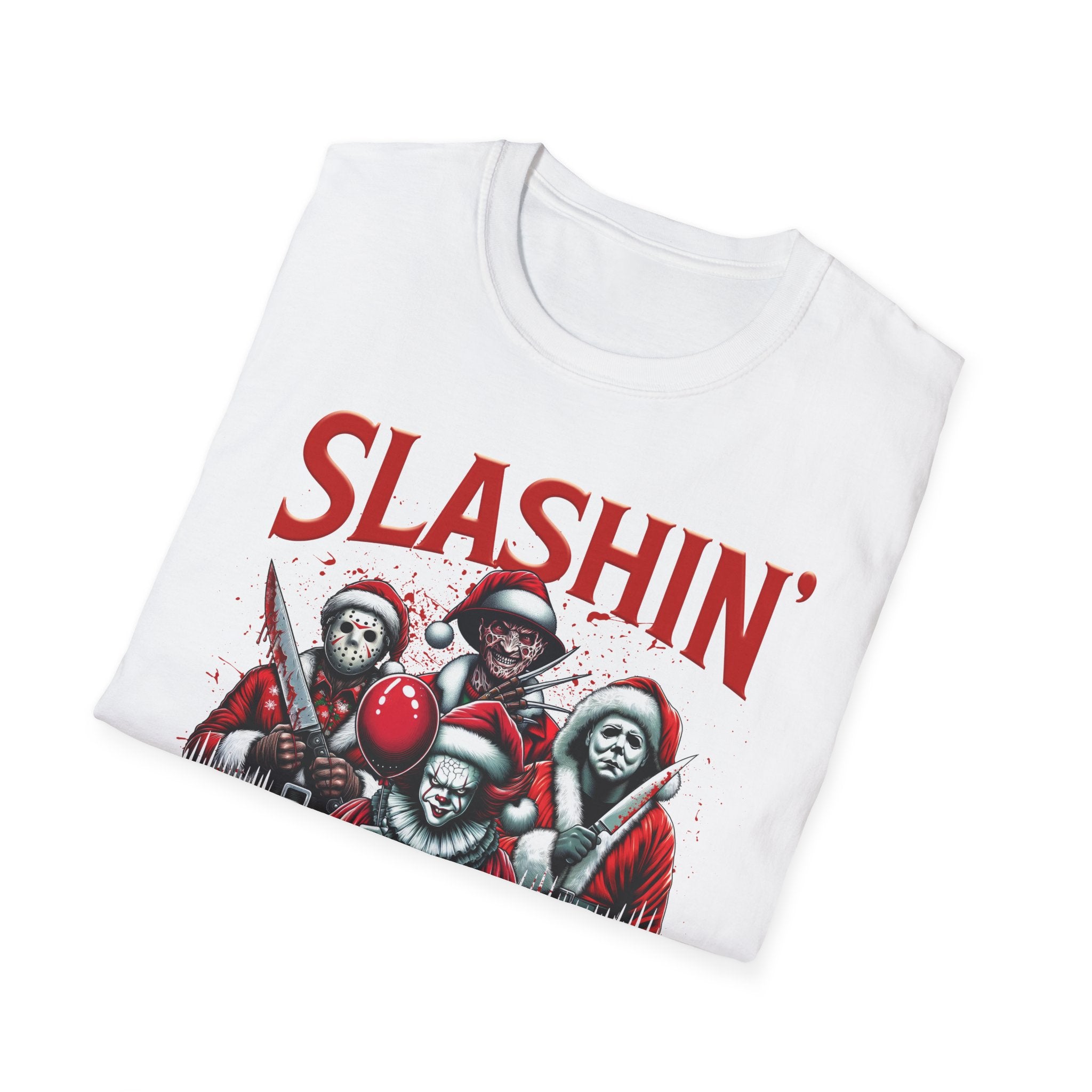 Slashing through the snow, Christmas Softstyle T-Shirt, up to 5XL, Horror Movie, Ugly Christmas Jumper