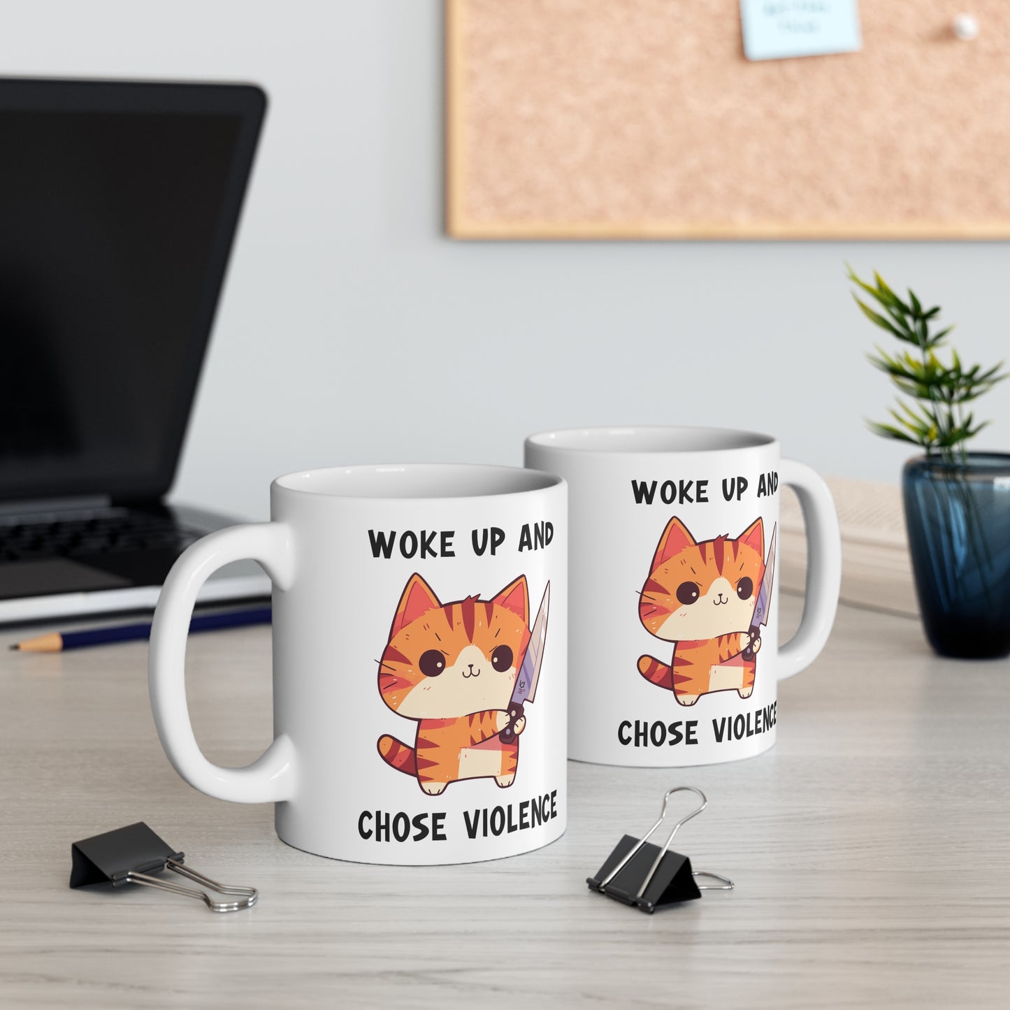 Woke up and chose violence Mug, cute cat with knife