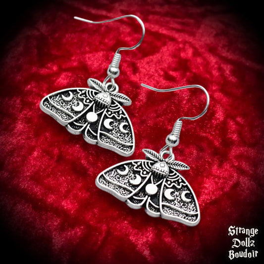 Lunar Moth earrings, 925 sterling silver, Moonphase Celestial Witchy, Strange Dollz Boudoir