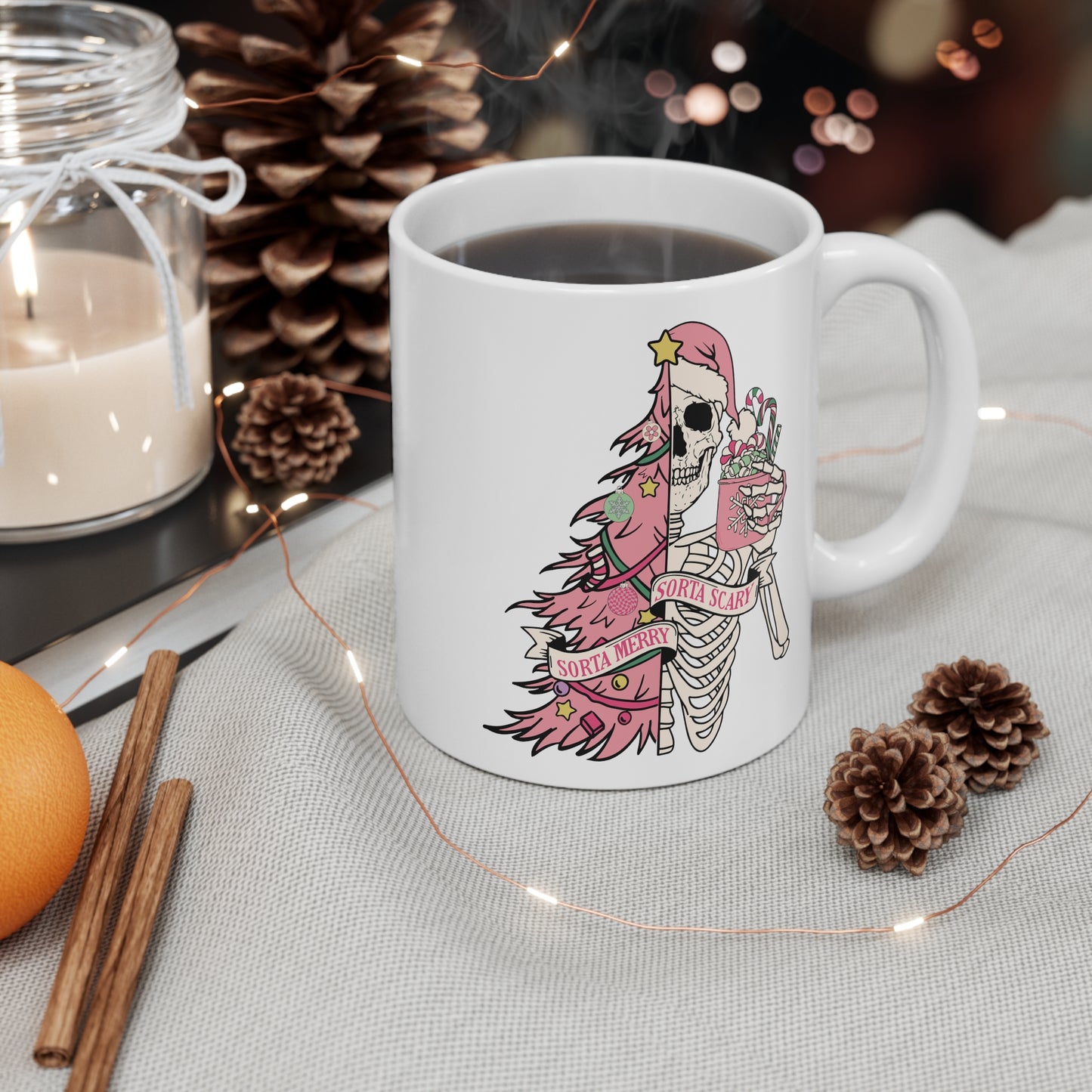 Sorta Merry Sorta Scary Christmas Mug, pink skeleton