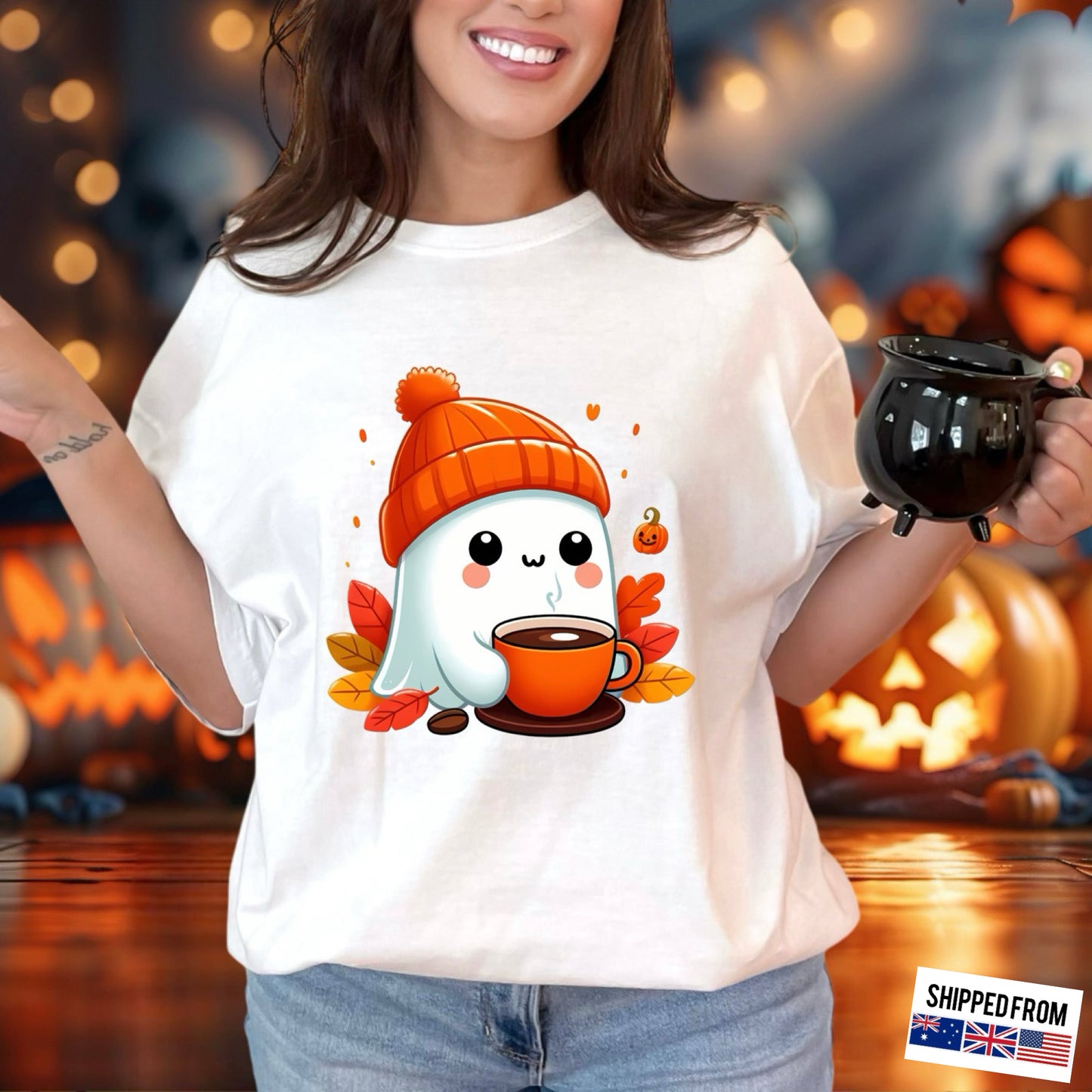 Cute ghost, caffeinated, Halloween, Softstyle T-Shirt