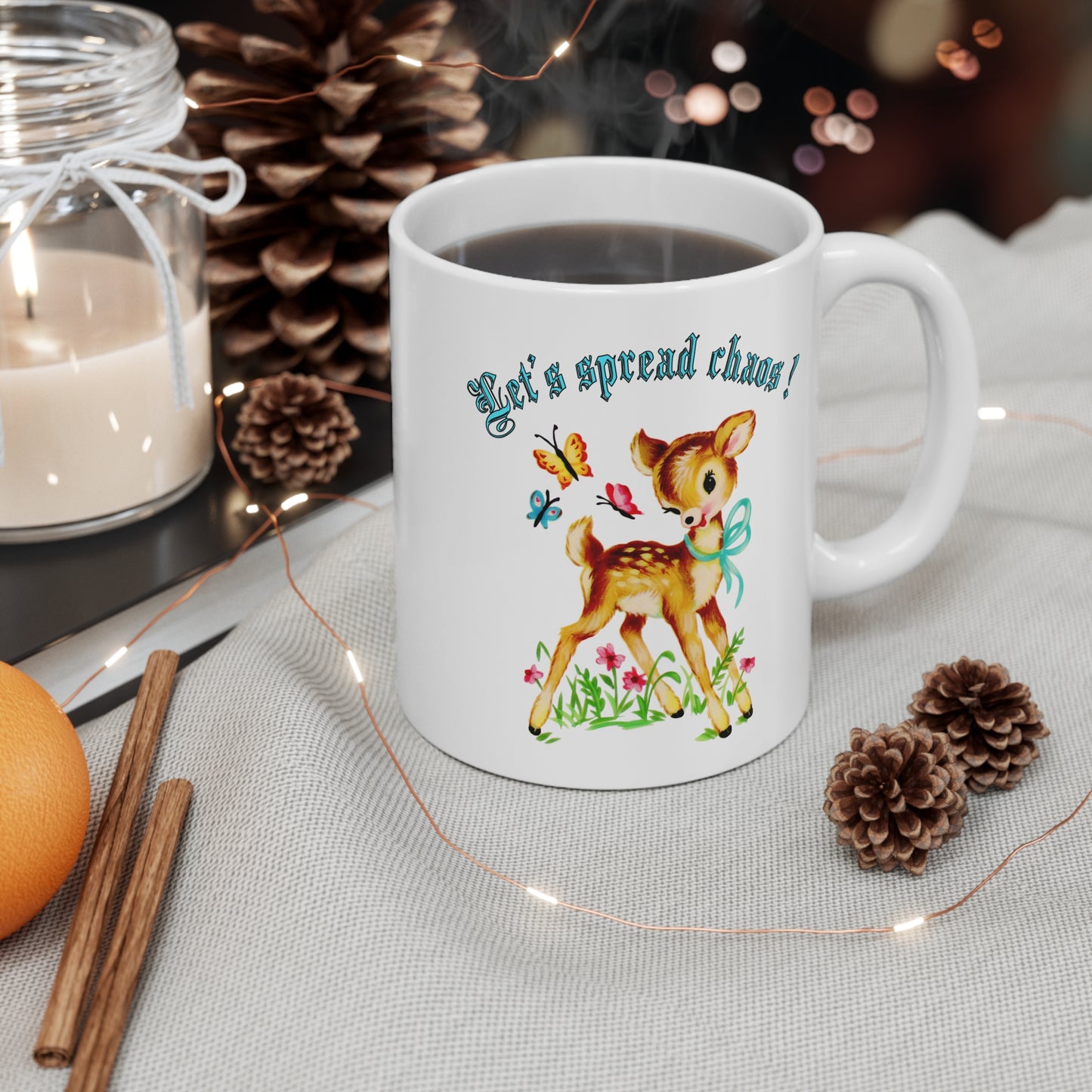 Let’s spread chaos Mug, cute deer, vintage kitsch